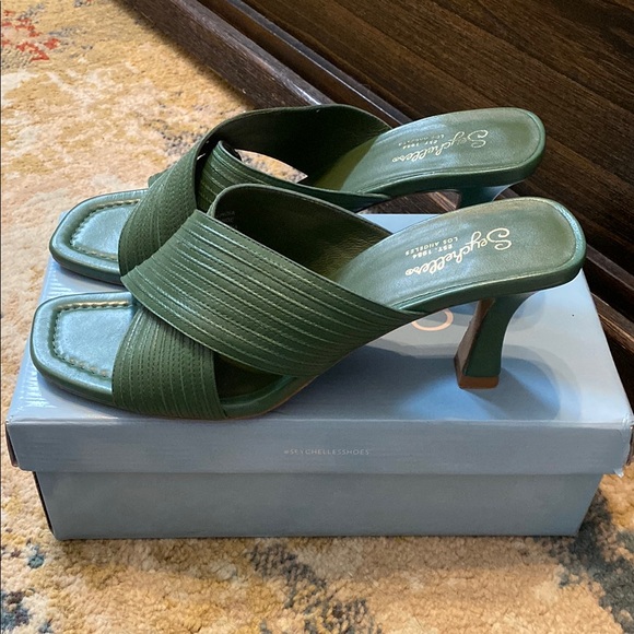 Seychelles Shoes - Seychelles Green Heeled Mules with Crisscross Straps
